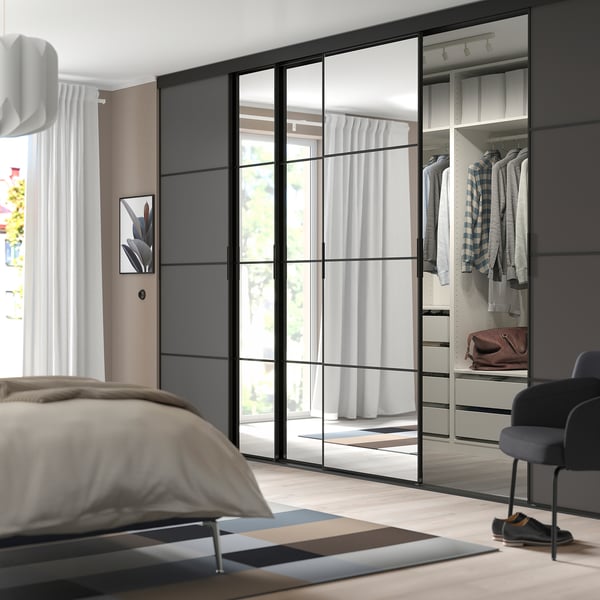 SKYTTA / MEHAMN/AULI Combinaison porte coulissante, noir/gris foncé miroir, 376x240 cm