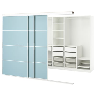 SKYTTA / PAX Dressing avec portes coulissantes, blanc double face/Mehamn bleu clair, 276x160x205 cm
