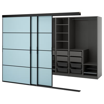 SKYTTA / PAX Dressing avec portes coulissantes, noir gris foncé/Mehamn bleu clair, 276x160x205 cm