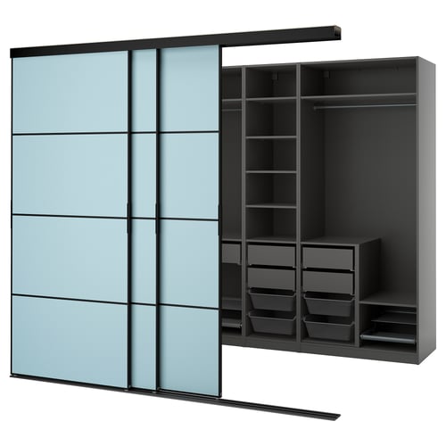 SKYTTA / PAX Dressing avec portes coulissantes, noir gris foncé/Mehamn bleu clair, 276x160x240 cm