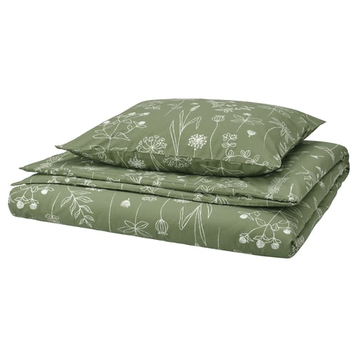 SLÅNGULDMAL Housse de couette et 1 taie, vert/motif floral, 150x200/50x60 cm