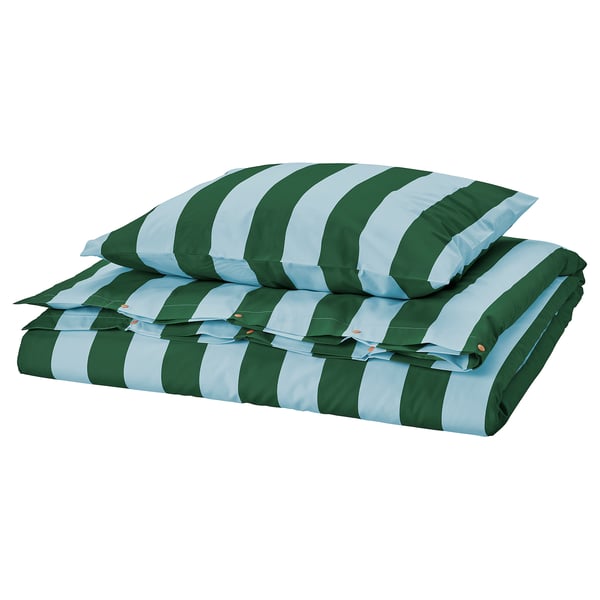 SLÅNHÖSTMAL Housse de couette et 1 taie, bleu clair vert foncé/rayure, 150x200/50x60 cm