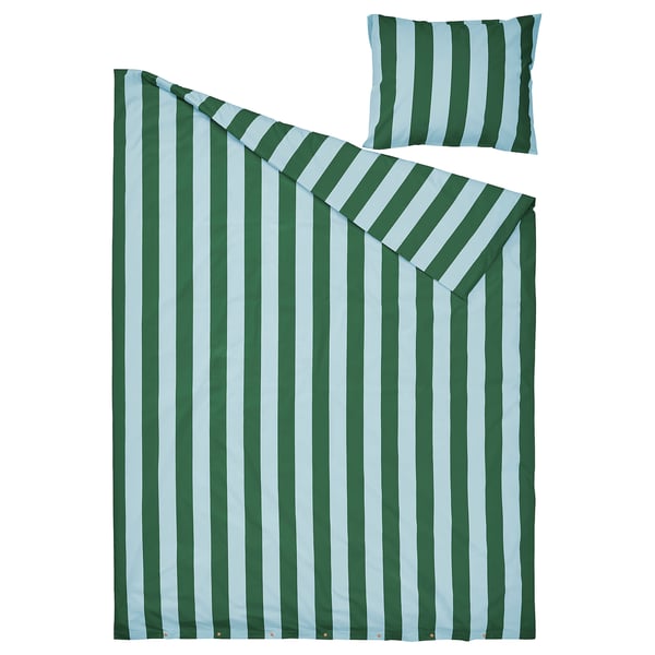 SLÅNHÖSTMAL Housse de couette et 1 taie, bleu clair vert foncé/rayure, 150x200/50x60 cm