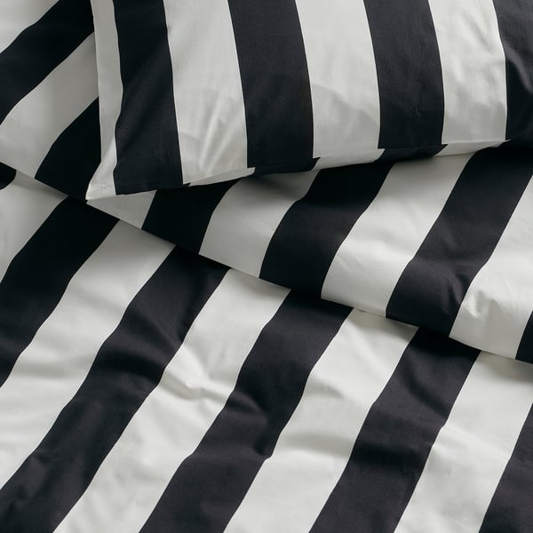 SLÅNHÖSTMAL Housse de couette et 1 taie, noir/blanc/rayé, 150x200/50x60 cm