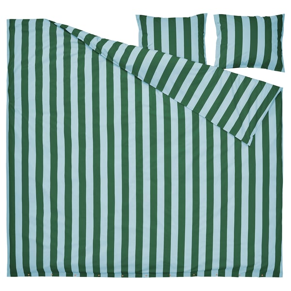 SLÅNHÖSTMAL Housse de couette et 2 taies, bleu clair vert foncé/rayure, 240x220/50x60 cm