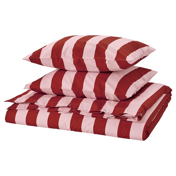 SLÅNHÖSTMAL Housse de couette et 2 taies, rose clair rouge foncé/rayure, 240x220/50x60 cm