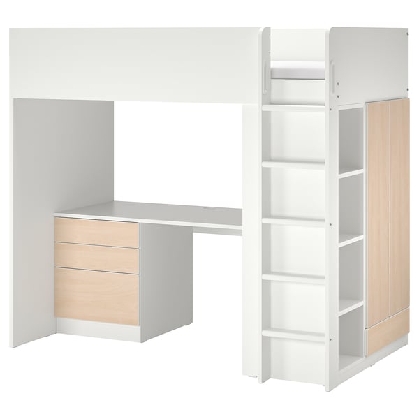SMÅSTAD Lit mezzanine, blanc bouleau/avec bureau avec 4 tiroirs, 90x200 cm