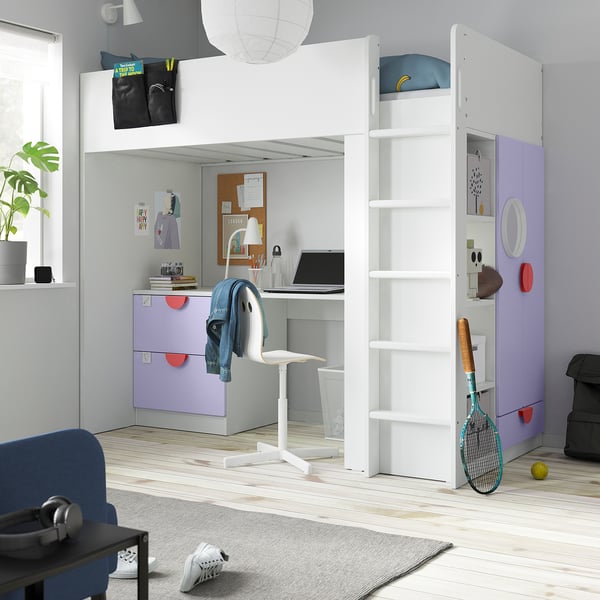 SMÅSTAD Lit mezzanine, blanc mauve/avec bureau avec 3 tiroirs, 90x200 cm