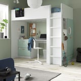 SMÅSTAD Lit mezzanine, blanc vert clair/avec bureau avec 3 tiroirs, 90x200 cm