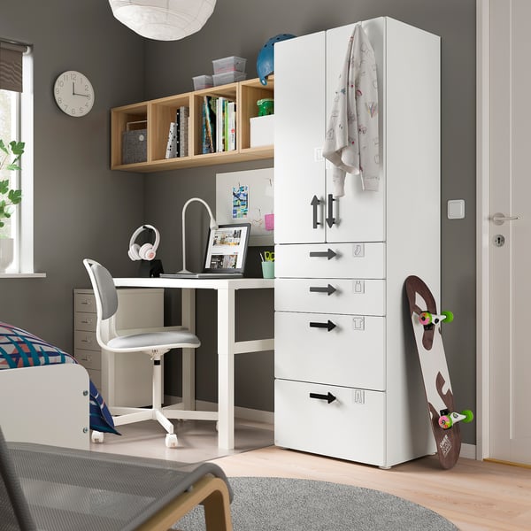 SMÅSTAD / PLATSA Armoire-penderie, blanc blanc/avec 4 tiroirs, 60x57x181 cm