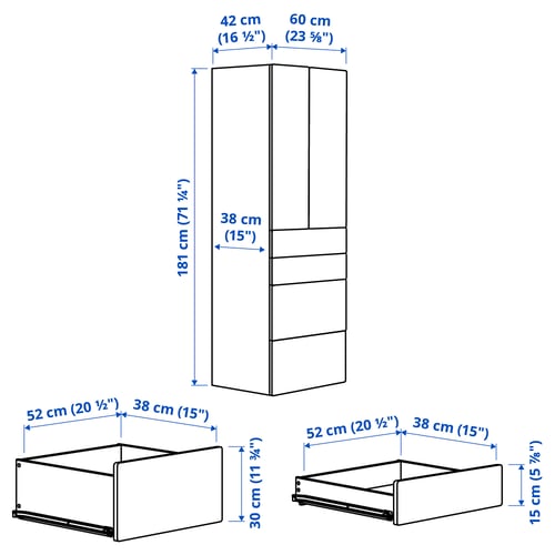 SMÅSTAD / PLATSA Armoire-penderie, blanc/bouleau avec 4 tiroirs, 60x42x181 cm