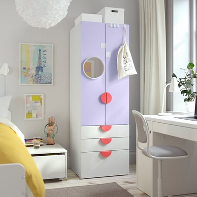 SMÅSTAD / PLATSA Armoire-penderie, blanc mauve/avec 3 tiroirs, 60x57x181 cm