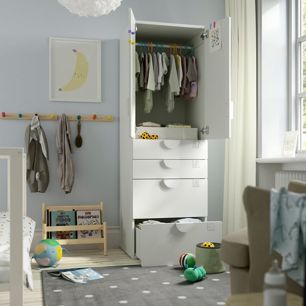 SMÅSTAD / PLATSA Armoire-penderie, blanc mauve/avec 4 tiroirs, 60x57x181 cm