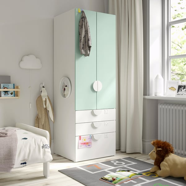 SMÅSTAD / PLATSA Armoire-penderie, blanc vert clair/avec 3 tiroirs, 60x57x181 cm