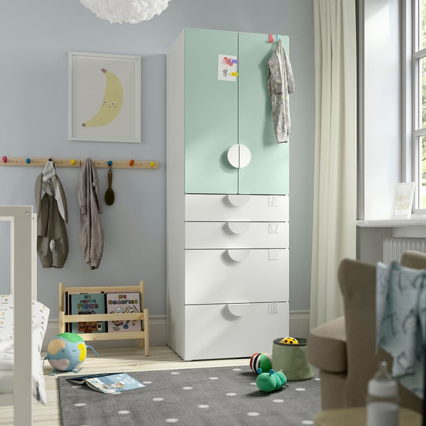 SMÅSTAD / PLATSA Armoire-penderie, blanc vert clair/avec 4 tiroirs, 60x57x181 cm
