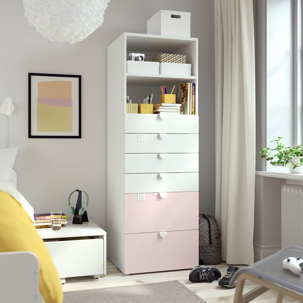 SMÅSTAD / PLATSA Bibliothèque, blanc rose pâle/avec 6 tiroirs, 60x57x181 cm
