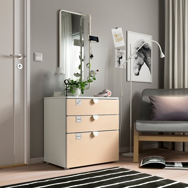 SMÅSTAD / PLATSA Commode 3 tiroirs, blanc/bouleau, 60x42x63 cm