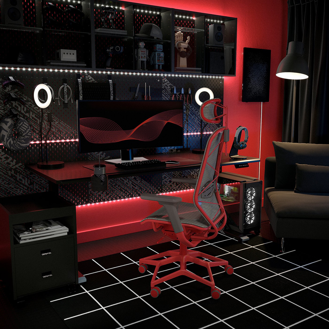 STYRSPEL Chaise gaming, gris/rouge