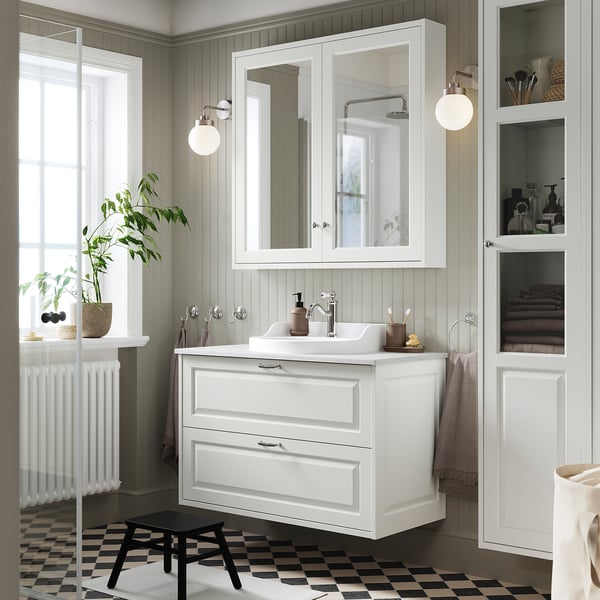TÄNNFORSEN / RUTSJÖN Meuble avec tiroirs/vasque/mitigeur, blanc/blanc marbré, 102x49x76 cm