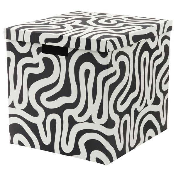 TJENA Boîte de rangement avec couvercle, à motifs/noir blanc, 32x35x32 cm
