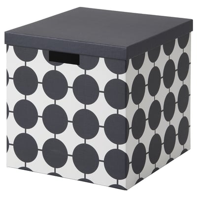 TJENA Boîte de rangement avec couvercle, blanc noir/à pois, 32x35x32 cm