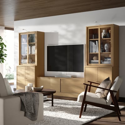 TONSTAD Combinaison meuble TV, plaqué chêne/verre transparent, 342x47x201 cm