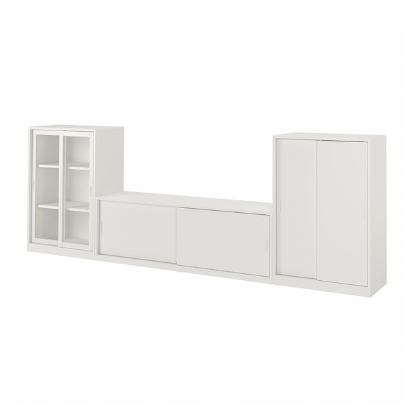 TONSTAD Rangement TV av portes coulissantes, blanc cassé/verre transparent, 339x37x116 cm