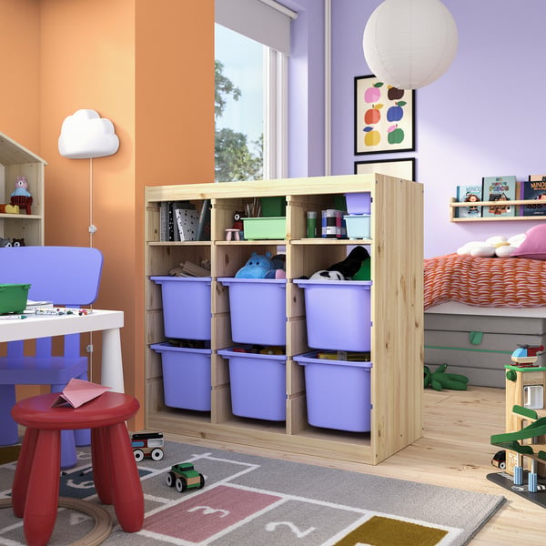TROFAST Combinaison de rangement, avec tablettes/boîtes séparateur de pièce/pin teinté blanc clair mauve, 93x44x91 cm