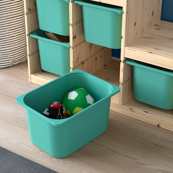 TROFAST Combinaison de rangement, pin teinté blanc clair/turquoise, 94x44x91 cm