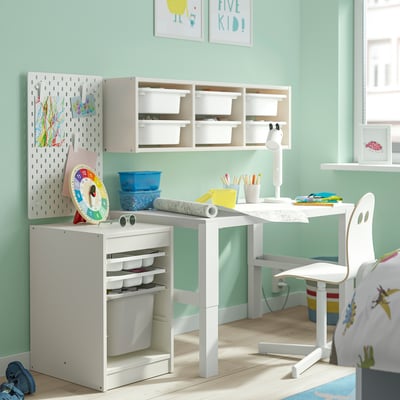 TROFAST Combinaison rangement bac/plateaux, blanc blanc/gris, 34x44x56 cm