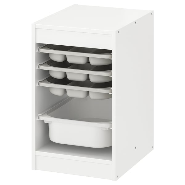 TROFAST Combinaison rangement bac/plateaux, blanc gris/blanc, 34x44x56 cm