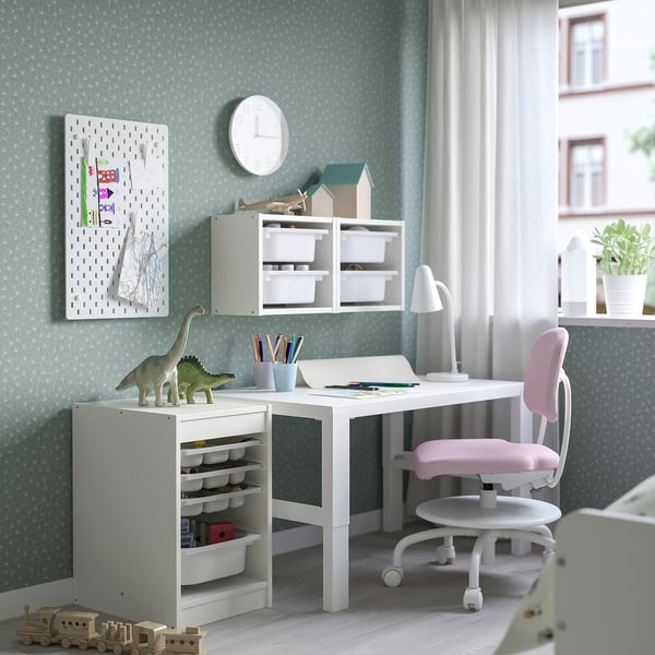 TROFAST Combinaison rangement bac/plateaux, blanc gris/blanc, 34x44x56 cm