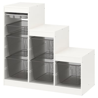 TROFAST Combinaison rangement bacs/plateau, blanc gris/gris foncé, 99x44x94 cm