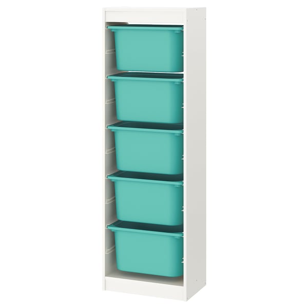 TROFAST Combinaison structure + bacs, blanc/turquoise, 46x30x145 cm