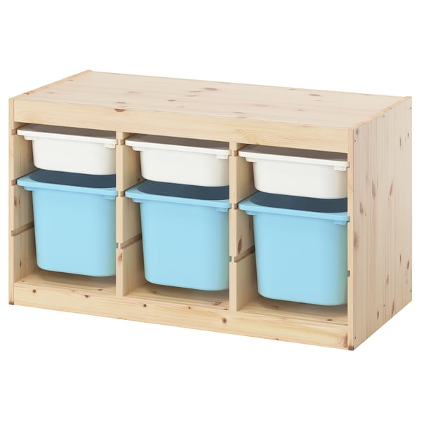 TROFAST Combinaison structure + bacs, pin teinté blanc clair blanc/bleu clair, 93x44x52 cm