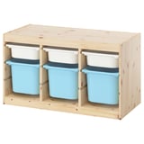 TROFAST Combinaison structure + bacs, pin teinté blanc clair blanc/bleu clair, 93x44x52 cm
