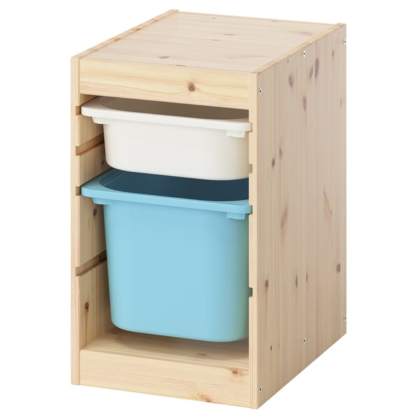TROFAST Combinaison structure + bacs, pin teinté blanc clair blanc/bleu clair, 32x44x52 cm