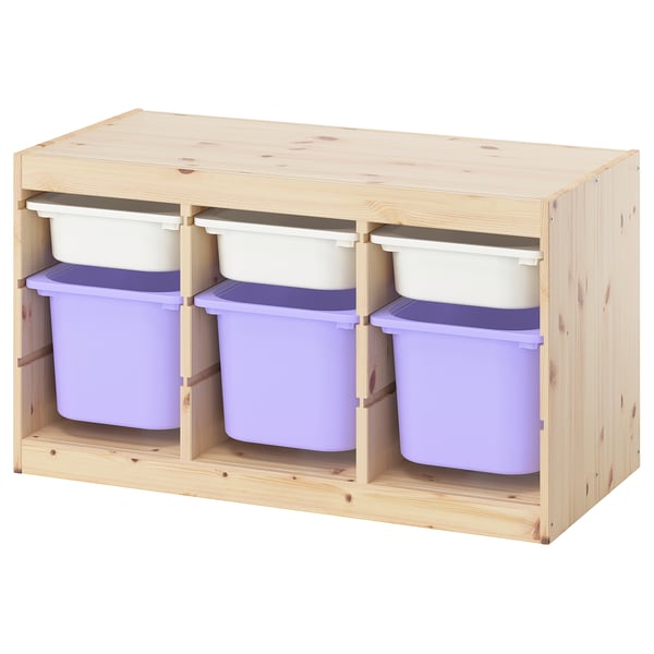 TROFAST Combinaison structure + bacs, pin teinté blanc clair blanc/mauve, 93x44x52 cm