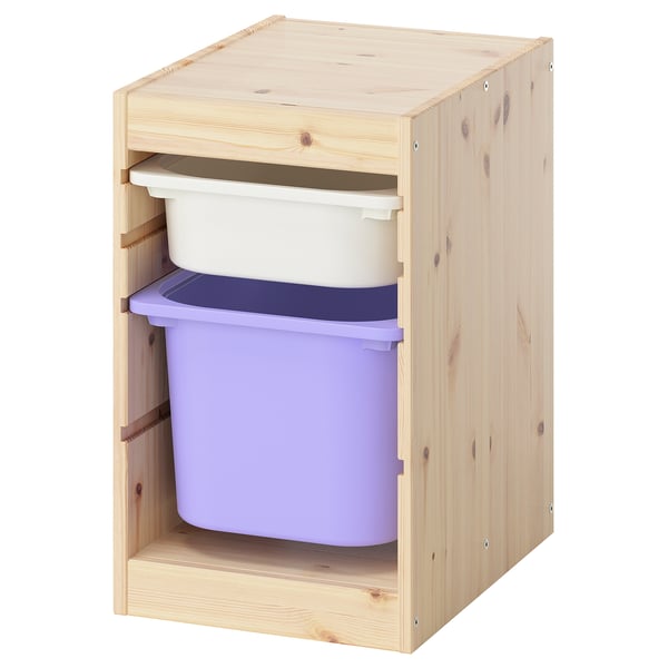 TROFAST Combinaison structure + bacs, pin teinté blanc clair blanc/mauve, 32x44x52 cm