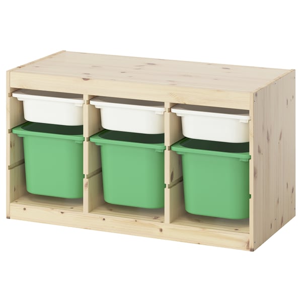 TROFAST Combinaison structure + bacs, pin teinté blanc clair blanc/vert vif, 93x44x52 cm