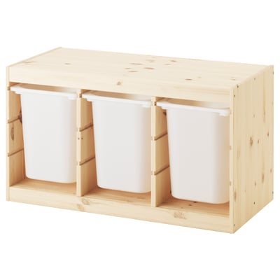 TROFAST Combinaison structure + bacs, pin teinté blanc clair/blanc, 93x44x52 cm