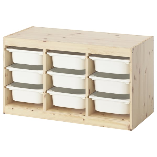 TROFAST Combinaison structure + bacs, pin teinté blanc clair/blanc, 93x44x52 cm