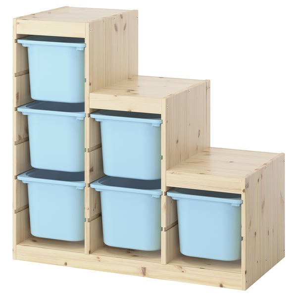 TROFAST Combinaison structure + bacs, pin teinté blanc clair/bleu clair, 94x44x91 cm
