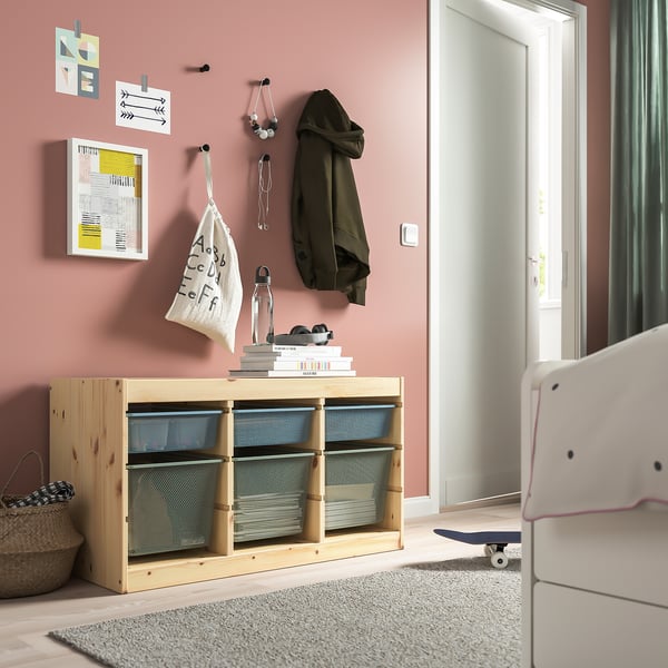 TROFAST Combinaison structure + bacs, pin teinté blanc clair bleu gris/gris vert clair, 93x44x52 cm