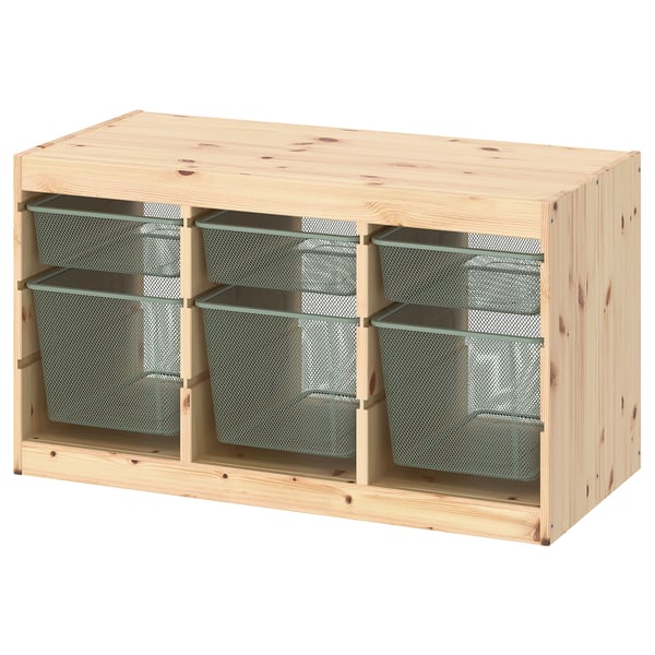 TROFAST Combinaison structure + bacs, pin teinté blanc clair/gris vert clair, 93x44x52 cm