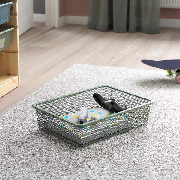 TROFAST Combinaison structure + bacs, pin teinté blanc clair/gris vert clair, 93x44x52 cm