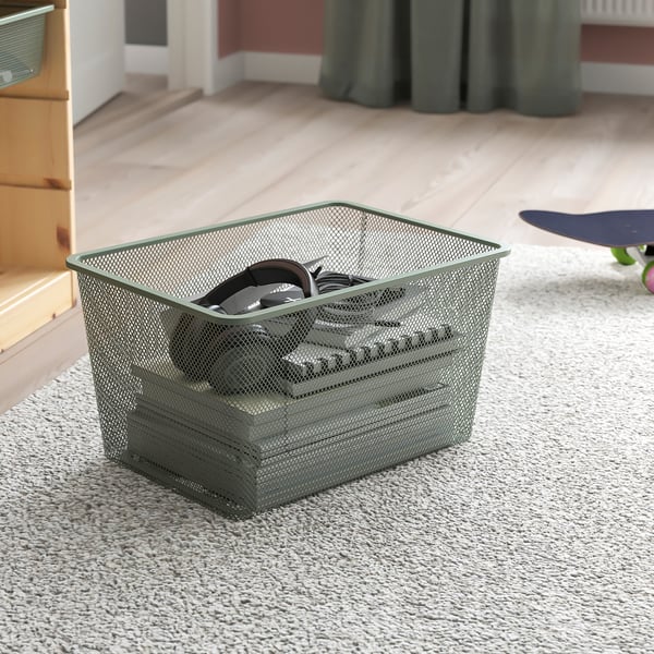 TROFAST Combinaison structure + bacs, pin teinté blanc clair/gris vert clair, 93x44x52 cm