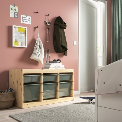 TROFAST Combinaison structure + bacs, pin teinté blanc clair/gris vert clair, 93x44x52 cm