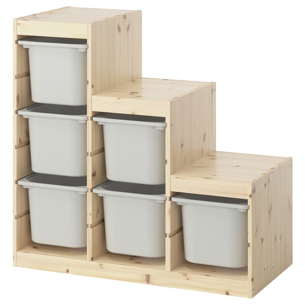 TROFAST Combinaison structure + bacs, pin teinté blanc clair/gris, 94x44x91 cm