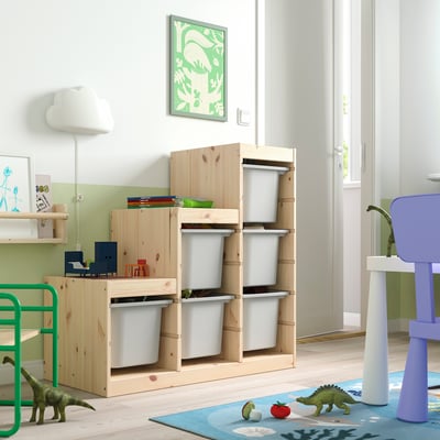 TROFAST Combinaison structure + bacs, pin teinté blanc clair/gris, 94x44x91 cm